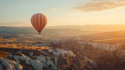 Serene hot air balloon flight over breathtaking landscape at sunset. a peaceful adventure, perfect for travel and leisure. AI