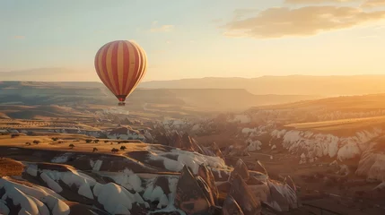 Poster Serene hot air balloon flight over breathtaking landscape at sunset. a peaceful adventure, perfect for travel and leisure. AI © Irina Ukrainets