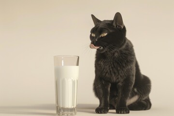 A black cat looks and licks a glass of milk. Cute hungry cat on a simple light background. Caring for animals.