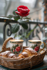 Fototapeta na wymiar Two cappuccino cups on table, wicker basket with croissants, red rose flower, steam from cups, Provence style