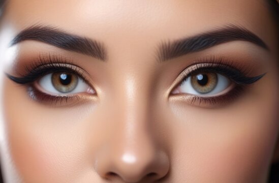 The girl's face is very close-up: gray-green eyes, makeup, beautiful eyebrows and a neat nose.