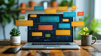 Communication and collaboration tools enhance productivity in a modern workspace with plants and a laptop