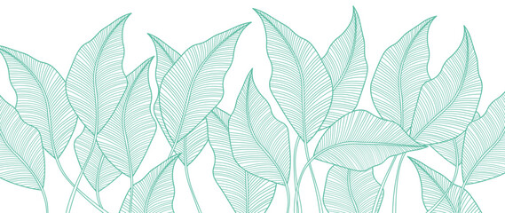 Tropical leaves wallpaper, Luxury nature leaf pattern design, botanical foliage lines. Hand drawn outline fabric, print, cover, banner and invitation,