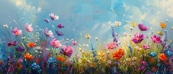 Fototapeta na wymiar Wildflowers swaying in a gentle breeze, colorful meadow, spring joy