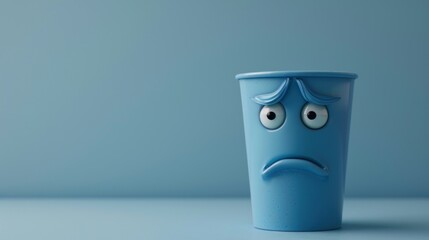 Sad face on blue cup isolated on blue background - obrazy, fototapety, plakaty