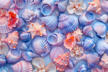 top view pattern of sea shells in pastel lilac and pink colors. 3d rendering style
