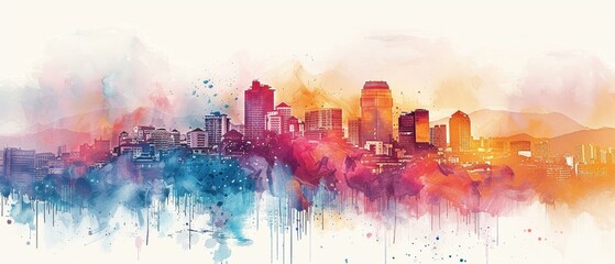 Watercolor cityscape, abstract interpretation, colorful buildings melting into the sky