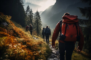 A group of tourists with backpacks descends a mountain trail during a hiking expedition. - obrazy, fototapety, plakaty