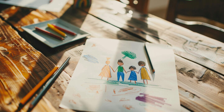 Wooden table with Painting with a child's drawing on white paper of a family