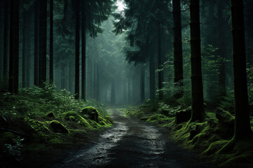 A path in the middle of a dense foggy forest. Generated by artificial intelligence