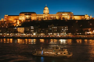 Printed roller blinds Széchenyi Chain Bridge Budapest by night landscape. Famous Széchenyi chain bridge background. Capital city of Hungary landscape. Nightlife background. Ship on a river.