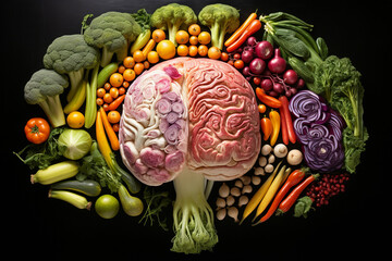 The shape of a brain in 3D is made out of rainbow colored liquid and dust particles that are exploding on a black backdrop. Illustration of the human brain as a grid.  Generative AI.