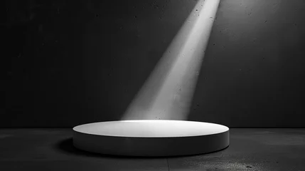 Gordijnen Sleek, white podium on a minimalist black background, spotlight effect © Seksan