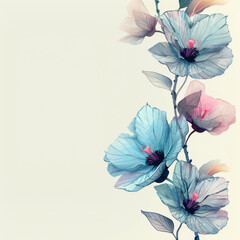 A delicate illustration of blue hibiscus flowers with a translucent quality and subtle pink accents, presented on a light background.