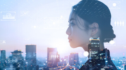 Cyber-enhanced portrait of a female. Digital era citizen, serene female profile with complex analytics graphics.