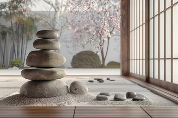 Fototapete Podium in a zen garden, balanced rocks, tranquil meditation vibe © Seksan