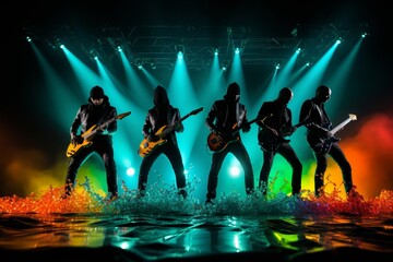 a dynamic scene of a rock band recording a high energy track in a professional music studio