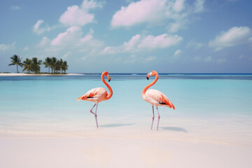 Beautiful flamingo birds on the beach