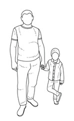 Sketch of dad and daughter holding hands. Posing legs and body. Isolated vector