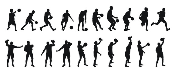 Silhouettes of sports figures of basketball players, weight lifters, isolated vector