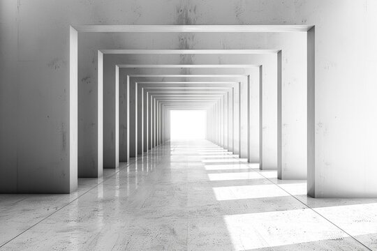 Podium at the end of a long, minimalist hallway, dramatic perspective