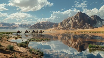 Oasis in the desert, mirage effect, camels in the foreground