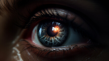 Fototapeta premium Close up of eye in process of scanning emotions, mirror of the soul, penetrating deep gaze, close-up of the retina