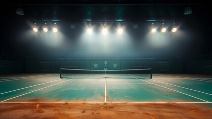 A tennis court with a tennis net positioned in the center, ready for players to engage in a match or practice their serves and volleys - obrazy, fototapety, plakaty
