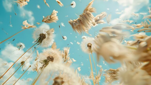 Dreamy dandelion seeds dispersing on a breezy day, symbolizing change and growth. tranquil, nature-themed image suitable for design and backgrounds. AI