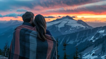 A man and a woman are wrapped in a blanket, gazing at the majestic mountains in front of them