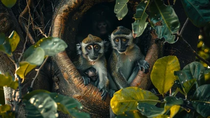 Foto op Canvas Monkeys playing in a baobab tree, vibrant green foliage around © Seksan