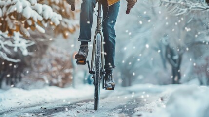 A man wearing winter gear rides a bike down a road covered in snow, surrounded by white landscapes