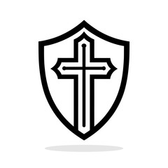 Shield with Christian cross icon. Black Christian symbol of protection. Religious symbol.