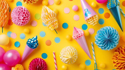 Colorful carnival or party frame of balloons, streamers and confetti on yellow background. Space for,text. top view,Flat lay composition with party decor and candies on yellow background
