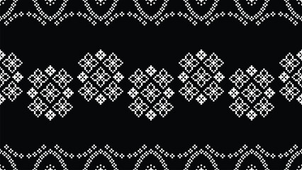 Traditional ethnic motifs ikat geometric fabric pattern cross stitch.Ikat embroidery Ethnic oriental Pixel black background.Abstract,vector,illustration. Texture,scarf,decoration,wallpaper.