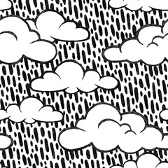 Black and white abstract rainy linocut seamless pattern design. Clouds with rain