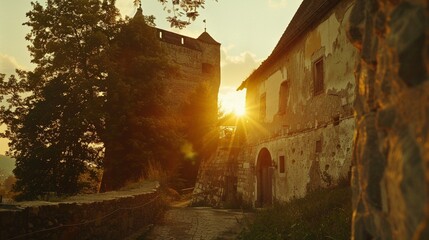 Witness the timeless elegance of Freyschloessl Fortress as the sun sets behind its weathered walls, casting a golden glow over the historic landmark 