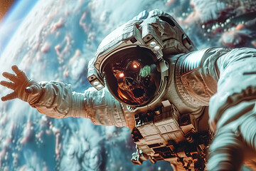 Zombie skeleton astronaut in spacesuit floating in space illustration.  - obrazy, fototapety, plakaty