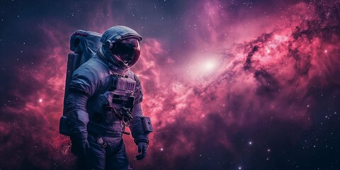 Portrait of an astronaut. Mars colonization or settlement concept. Astronaut in space suit in outer space with nebula reflection in helmet glass - obrazy, fototapety, plakaty