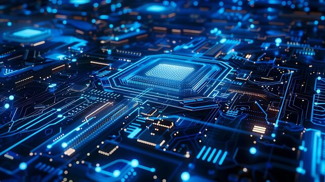 A close-up of a computer chip with glowing blue lights. The chip is surrounded by a complex network of circuitry.
