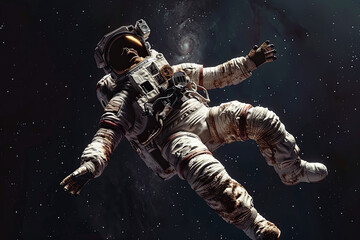 Zombie skeleton astronaut in spacesuit floating in space illustration. 