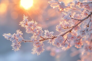 Frost-covered branches against a soft winter sunrise, serene cold beauty