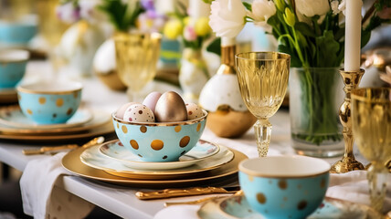 Beautifully set Easter festive table table with a bouquets of spring flowers, Easter decorations, colored Easter eggs and luxury tableware
