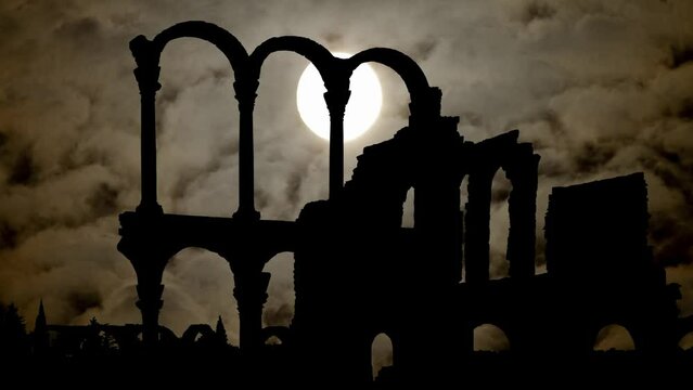 Archeological site of Anjar by Night with Dark Atmosphere, Fog, Smoke, and Full Moon, Bekaa Valley, Lebanon