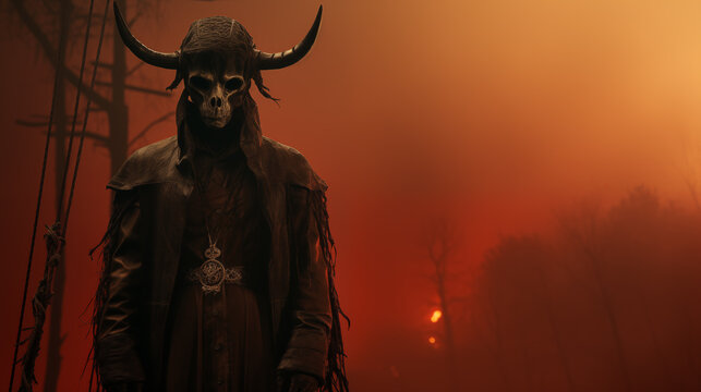 Krampus. Public show of Christmas devils photo portrait of the devil Satan the devil with horns on the background nature evening twilight fog red tones gloomy photo