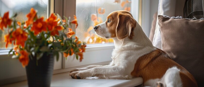Dog looking out a bay window, waiting, spacious and light-filled room