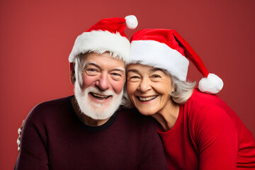 Aged couple embracing the holiday spirit, great for your Christmas promotional materials.