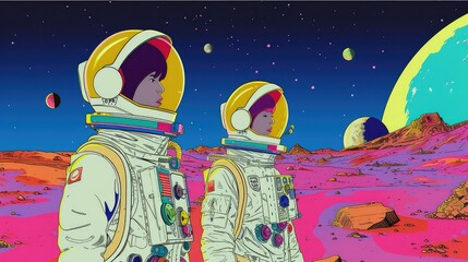 Naklejka premium Male and female astronauts in a desert, planets and stars in background.