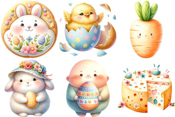 Obraz premium Whimsical Easter Characters and Festive Decorations, characters including a bunny in a floral wreath, a hatching chick, and a carrot character, complemented by Easter-themed decorations.