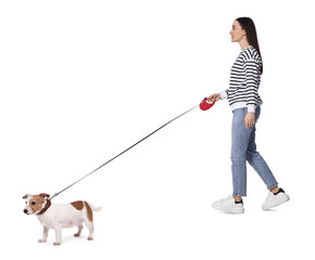 Smiling woman walking with dog on white background